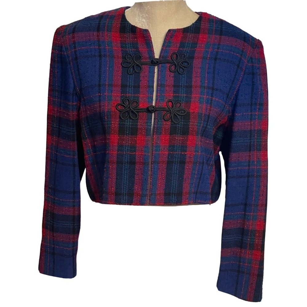 Talbots Womens Tweed Suit Size 10 Blazer Jacket Blue Red Preppy Crop Vintage